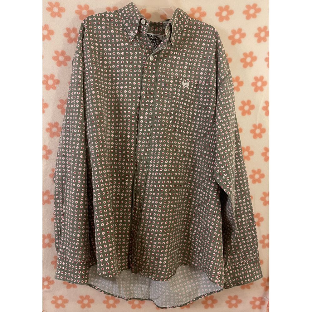 Cinch Men's Western Button-Down Shirt Green Floral‎ Print Long Sleeve Medium